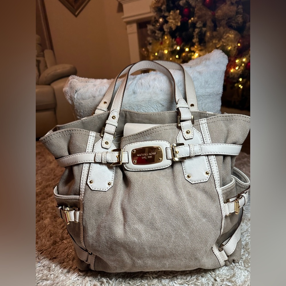 Michael Kors Tan Canvas Tote with Gold Accents